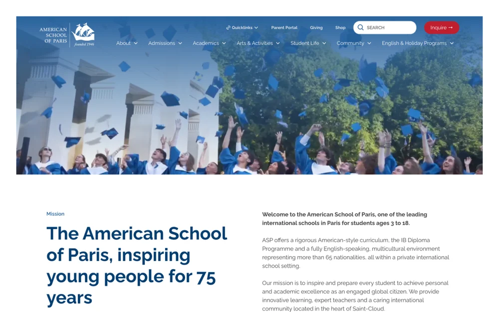Homepage design of American School of Paris