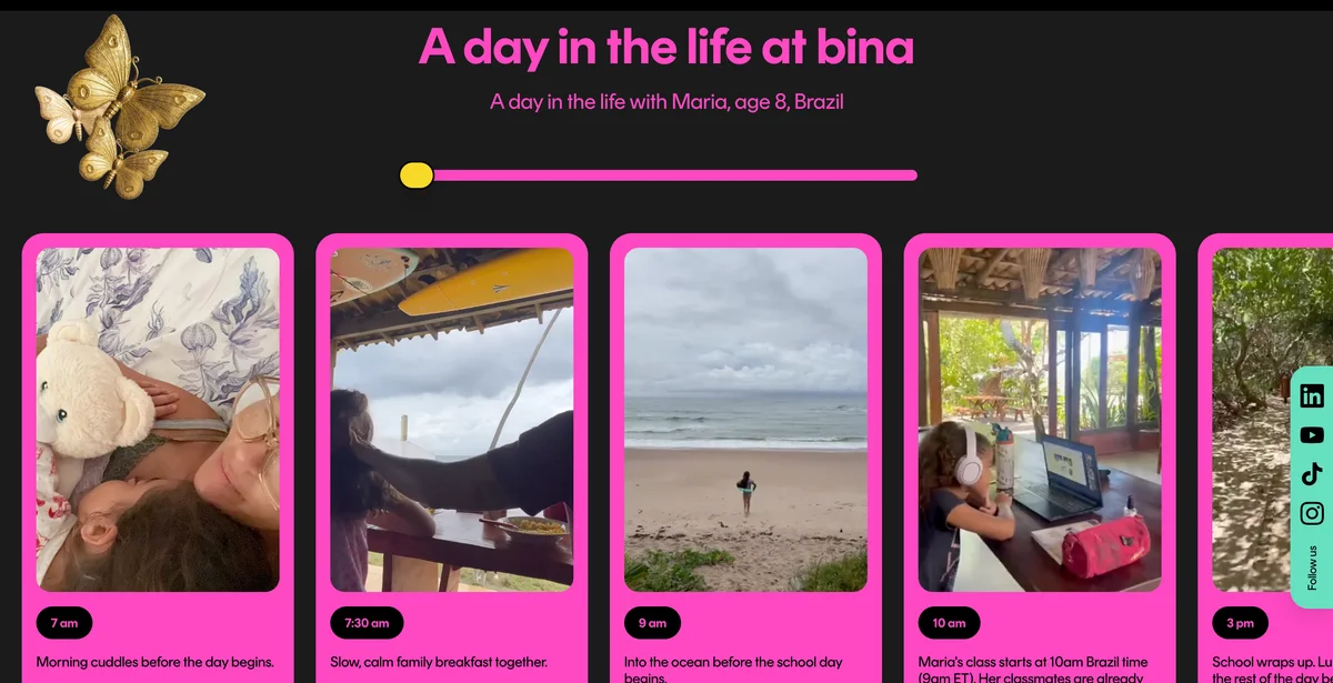 bina's day in the life section: pink-framed reel-style cards with timestamps showing a single student's real day, from morning cuddles to ocean time to class