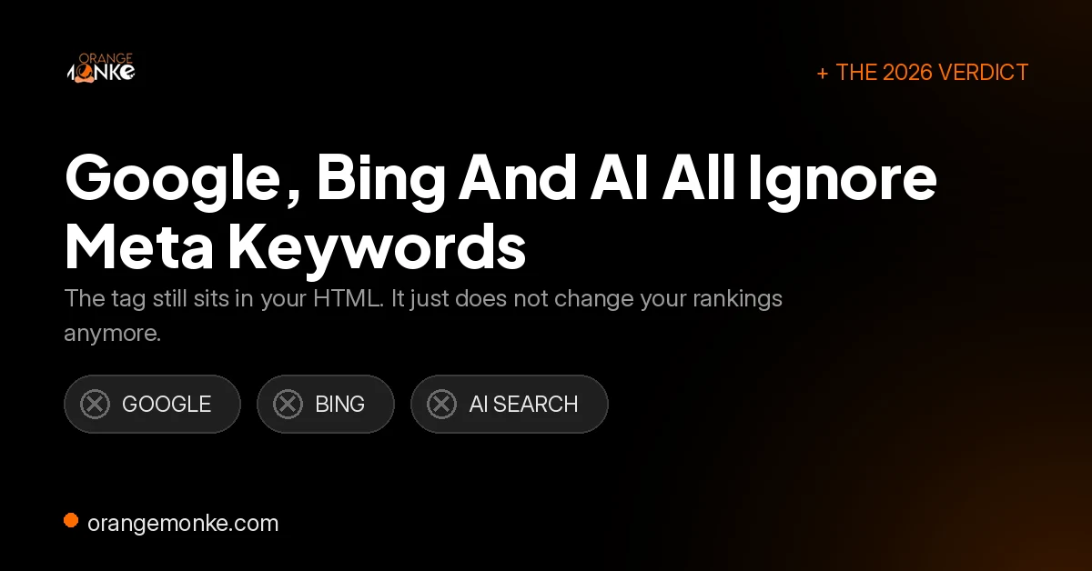 Landscape banner showing that Google, Bing and AI search all ignore the meta keywords tag, the 2026 verdict.