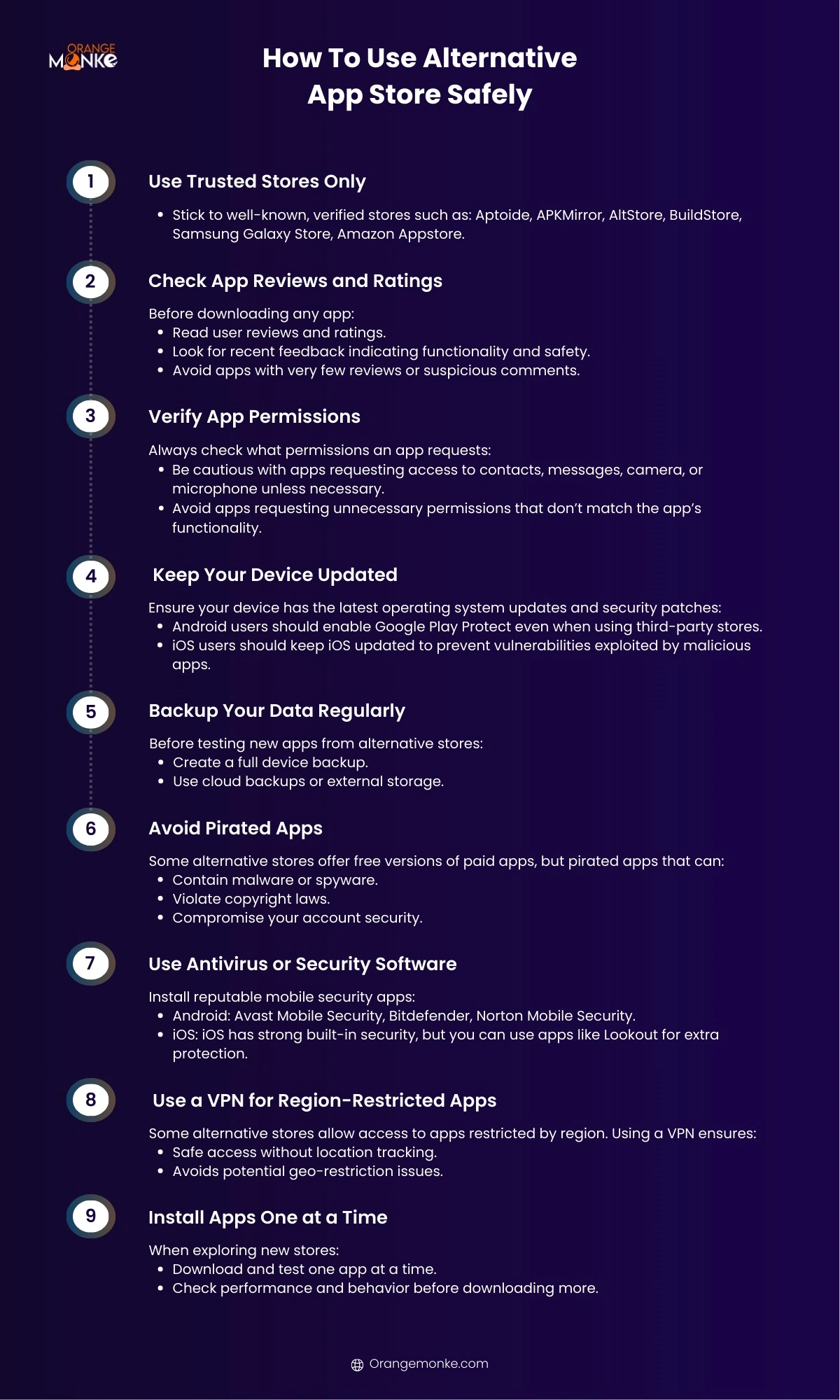How to use alternative app stores safely: use trusted stores, check reviews and permissions, keep your device updated, back up data, avoid pirated apps, use antivirus and a VPN, and install one app at a time