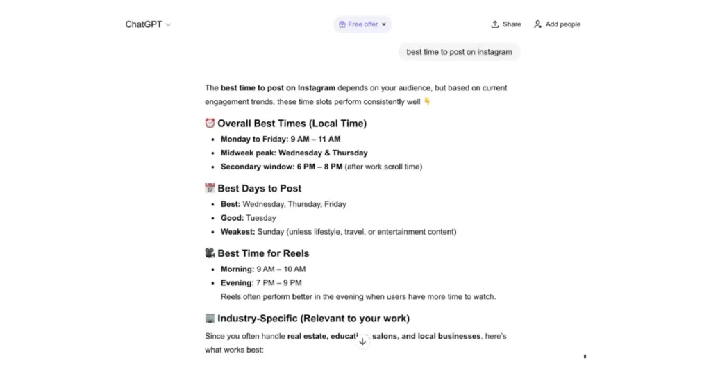 ChatGPT response showing best time to post on Instagram