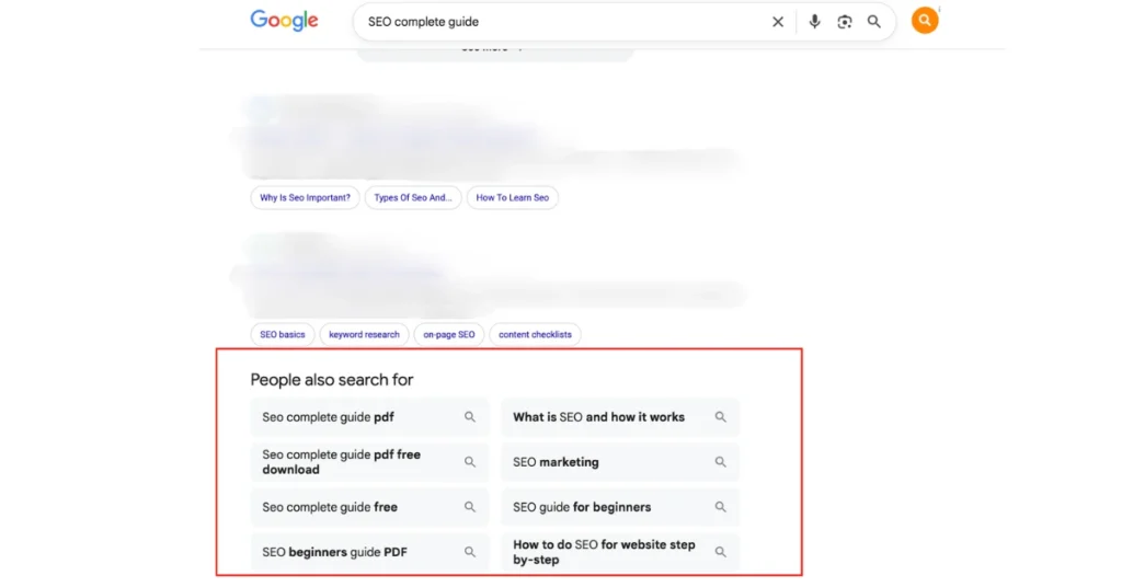 Google search results showing People Also Search For section with SEO complete guide, SEO course, and beginner SEO queries