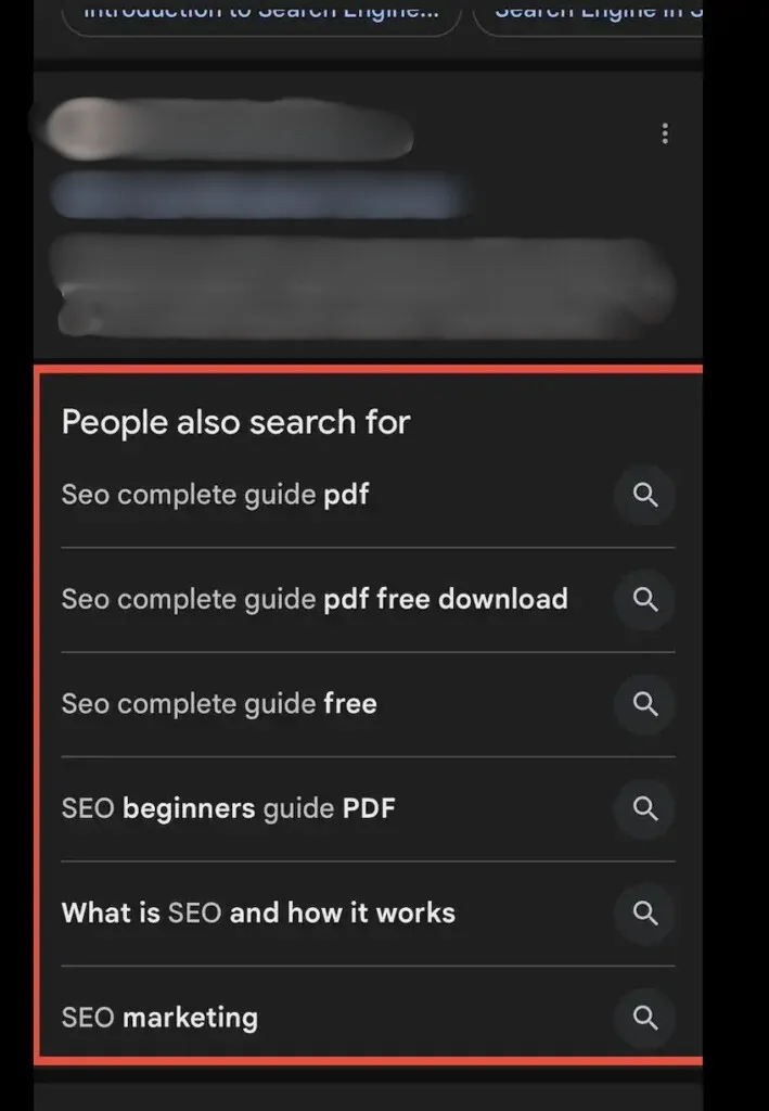 Google mobile search results showing People Also Search For section with SEO complete guide PDF, SEO beginners guide, and SEO marketing queries