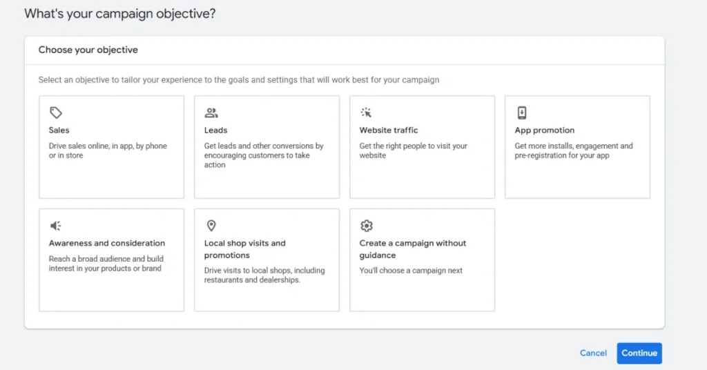 How SEO and PPC Services Work Together to Increase Leads, Conversions & Traffic 2 Google Ads dashboard showing campaign objectives such as sales, leads, website traffic, app promotion, and brand awareness