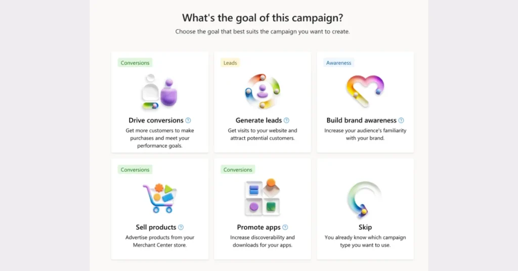 How SEO and PPC Services Work Together to Increase Leads, Conversions & Traffic 3 Microsoft Ads campaign setup screen showing goals such as conversions, leads, brand awareness, sell products, and promote apps
