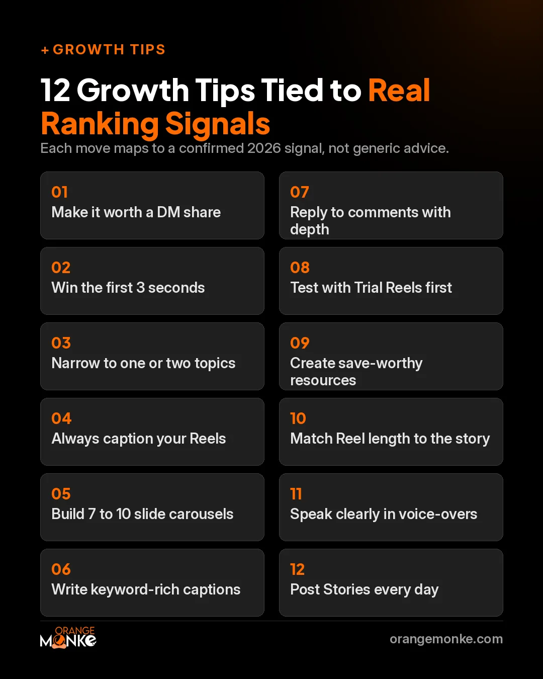 12 Instagram growth tips for 2026 tied to real ranking signals, from designing for DM shares to posting Stories every day