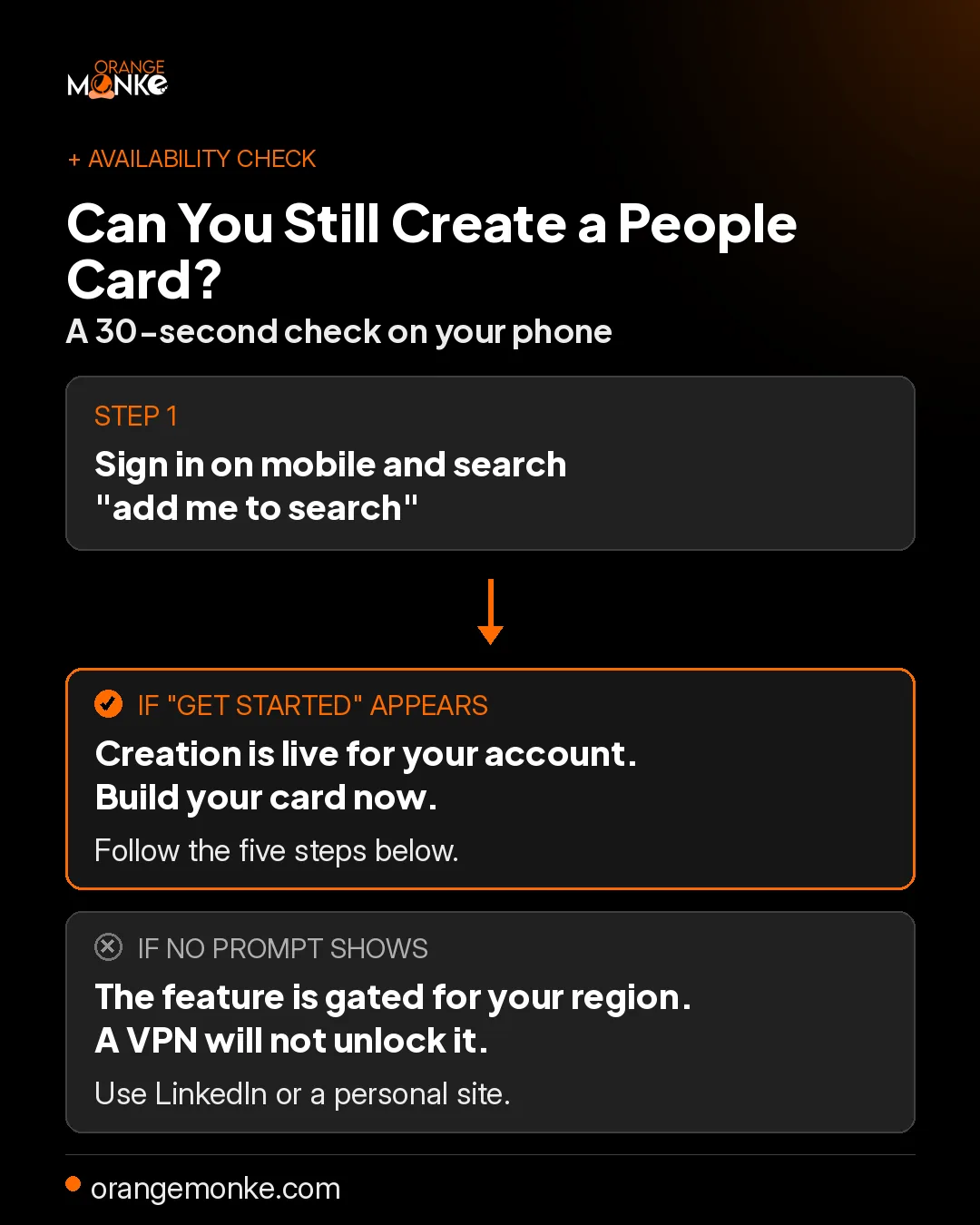 A 30-second self-check for whether Add Me to Search is available: search add me to search on mobile, and if the Get started prompt appears you can create a Google People Card, if not the feature is gated for your account