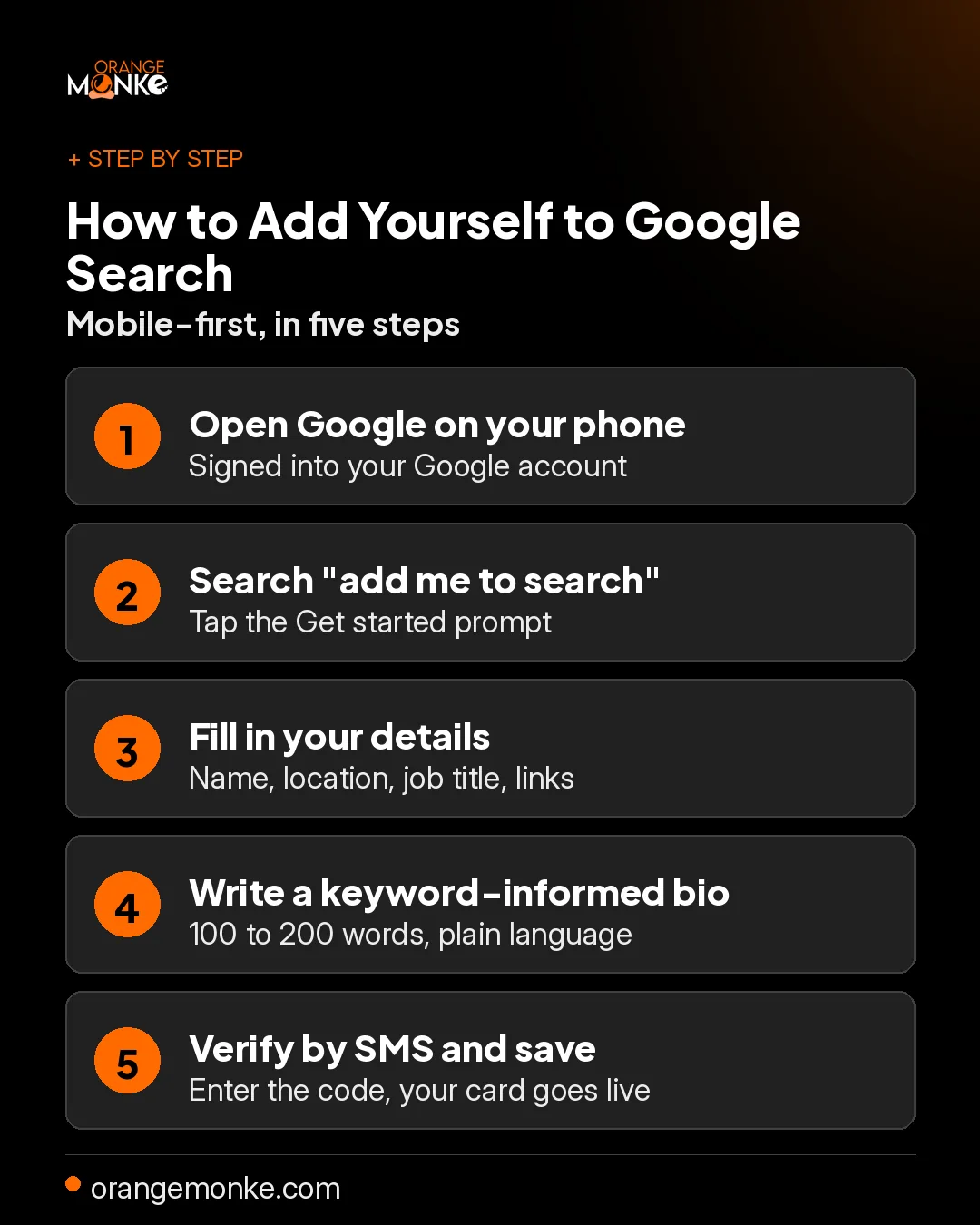 Mobile-first steps to add yourself to Google Search: open Google on your phone, search add me to search, tap Get started, fill in your details, write a keyword-informed bio, verify by SMS, and save