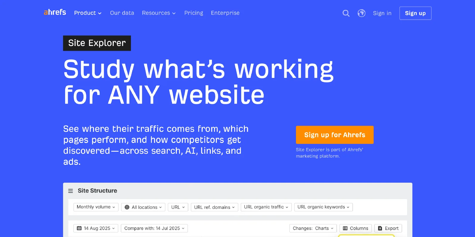 Ahrefs Site Explorer showing a site structure and backlink report