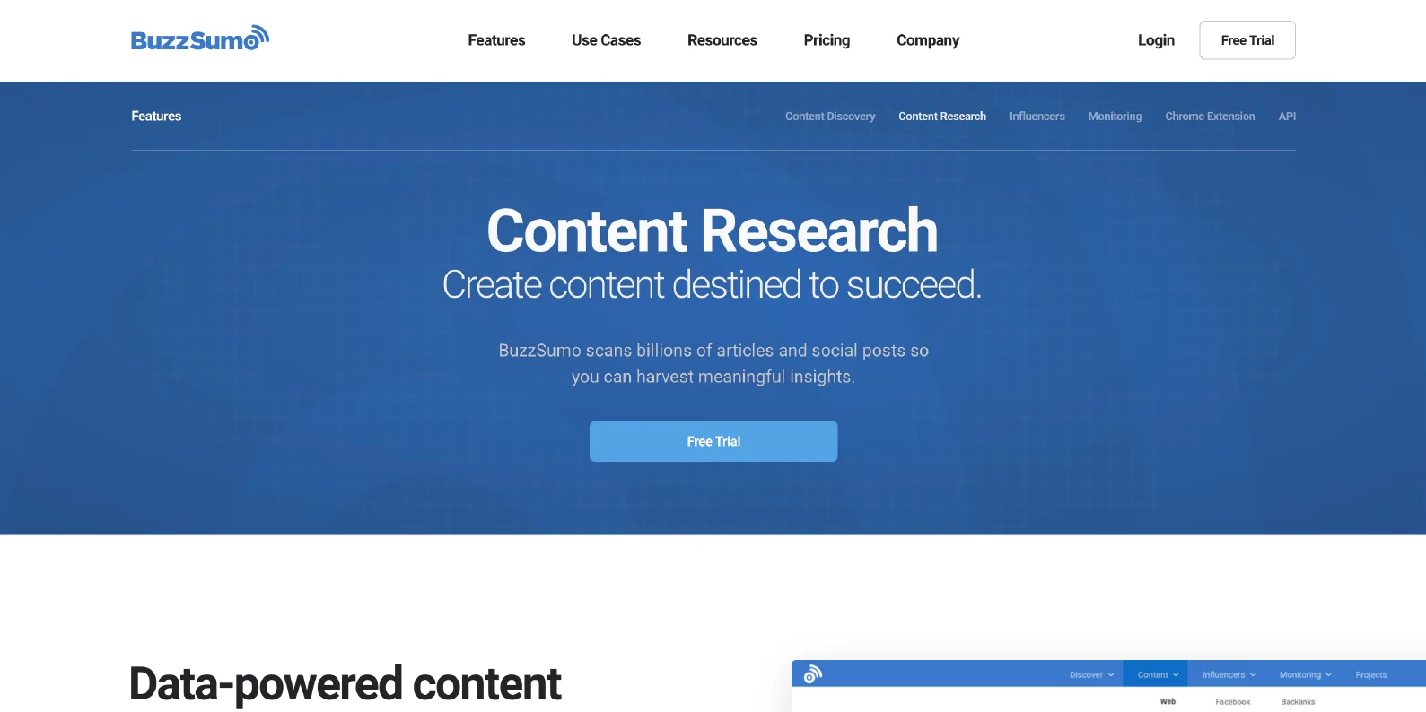 BuzzSumo Content Research feature page with backlink and content data