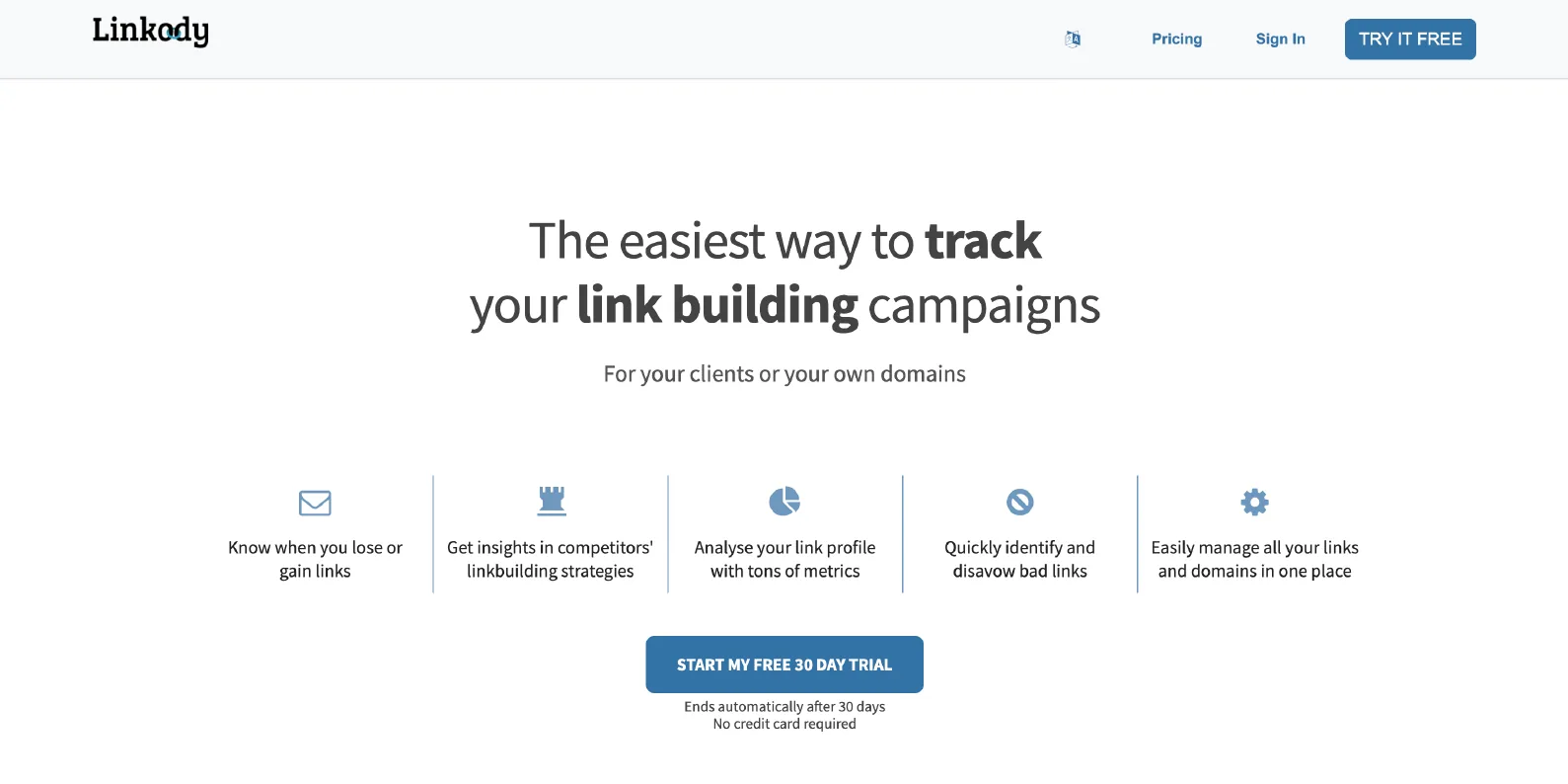 Linkody link building tracker homepage with backlink dashboard