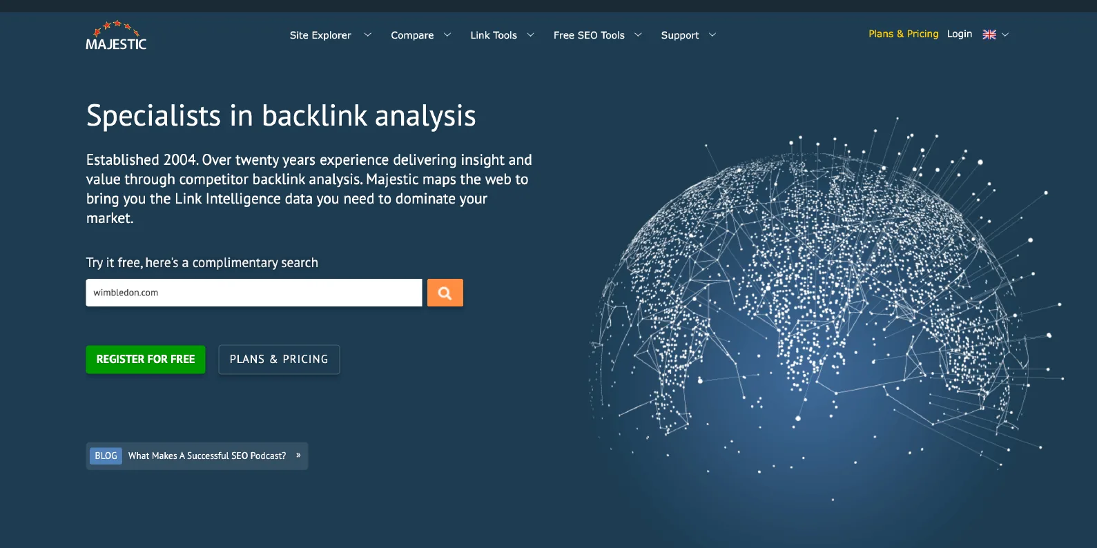 Majestic backlink analysis homepage with Trust Flow and link map