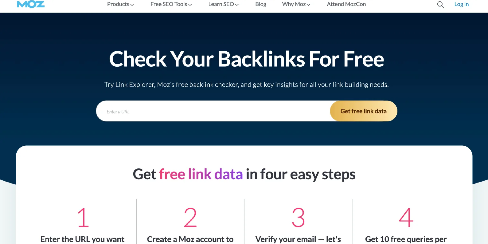 Moz Link Explorer free backlink checker page
