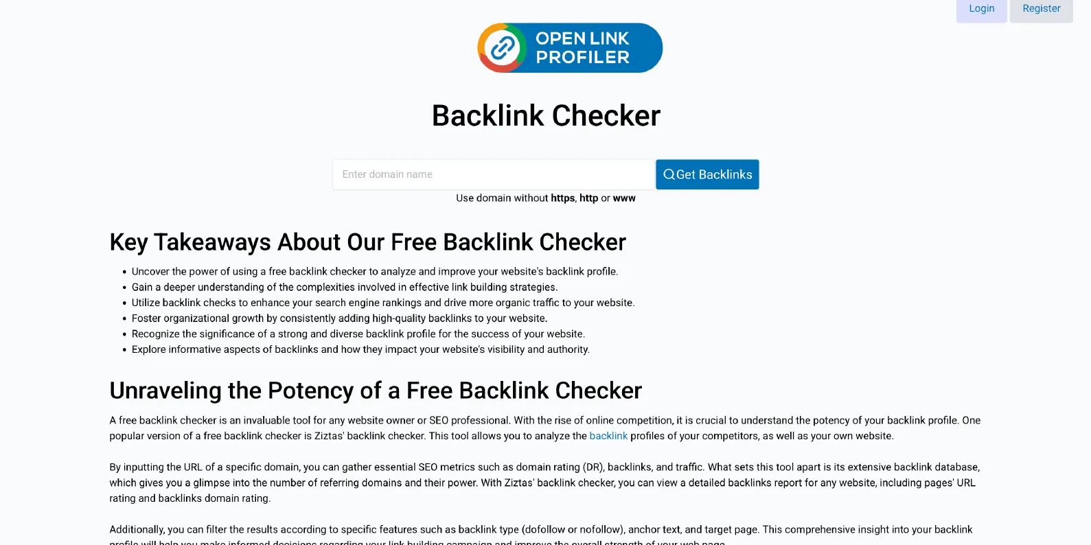OpenLinkProfiler free backlink checker page with domain search