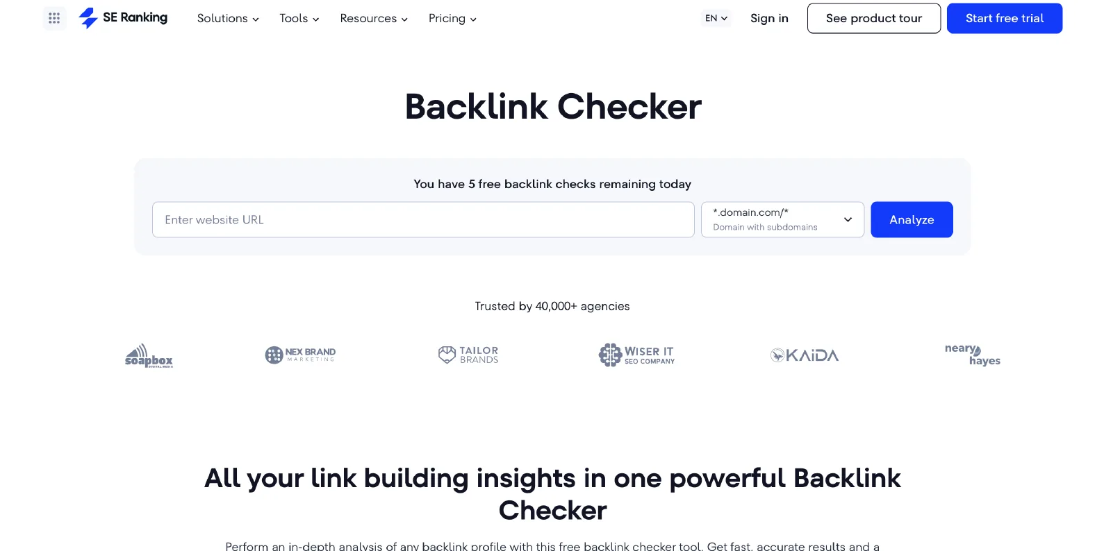 SE Ranking Backlink Checker page with free check box and overview metrics