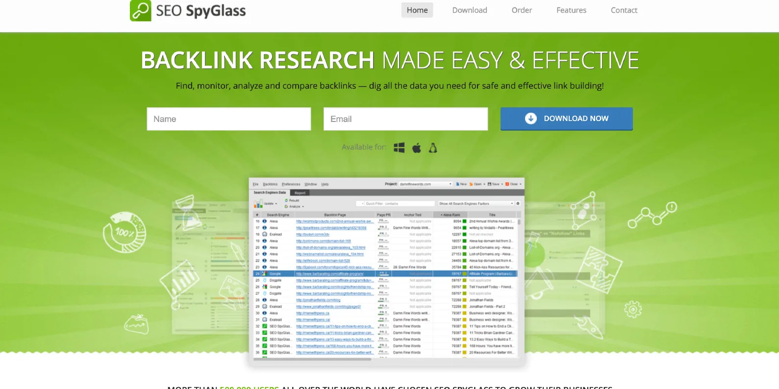 SEO SpyGlass backlink research app shown on its product page