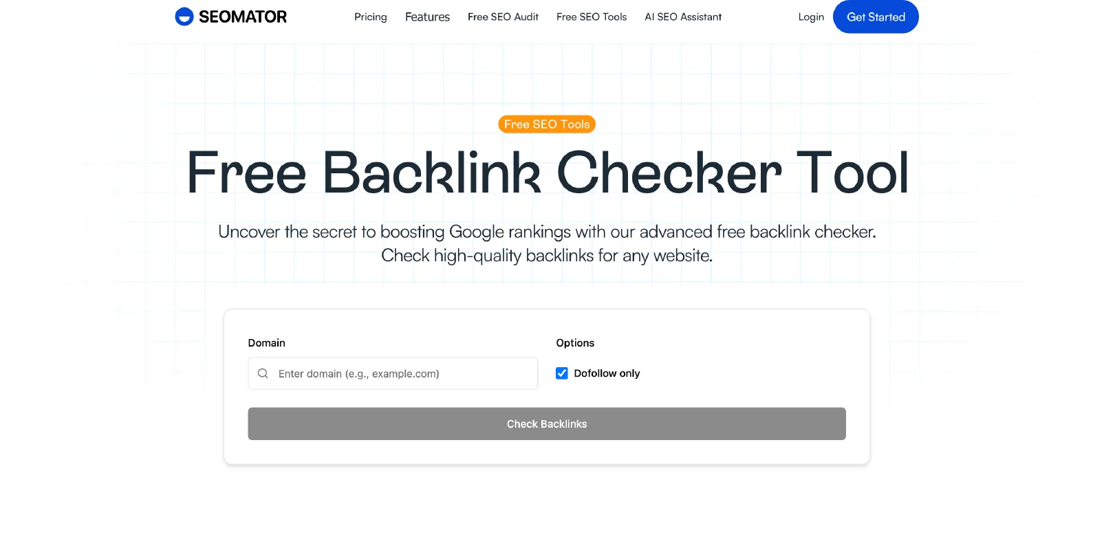 SEOmator free Backlink Checker tool page