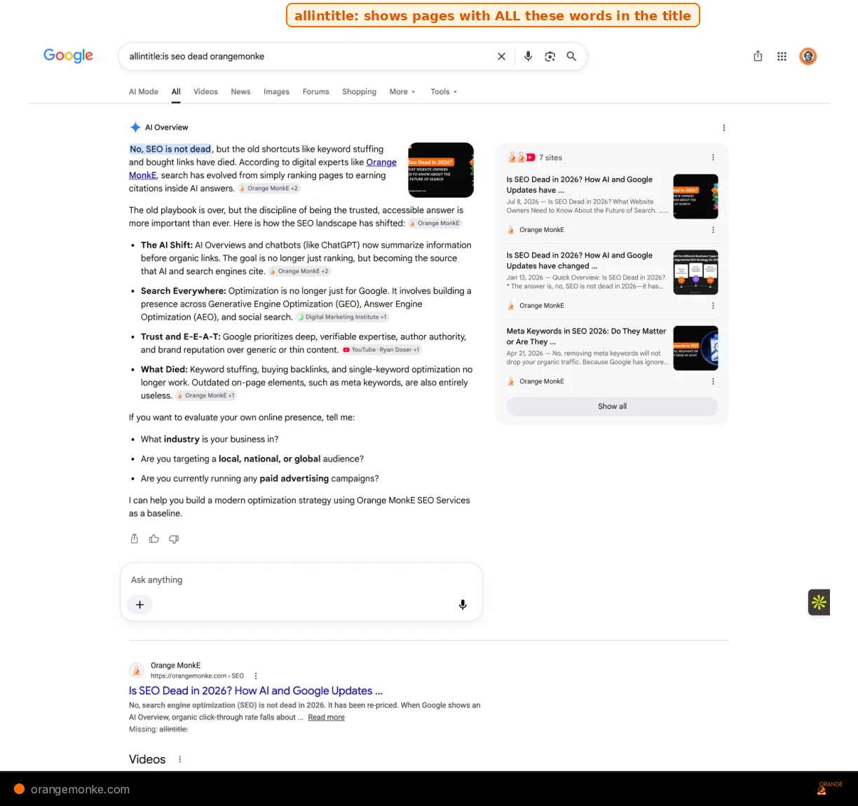 Google SERP showing allintitle: operator returning only 12 results for a long-tail keyword