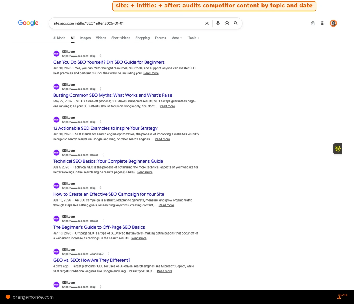 Google SERP showing site:seo.com intitle:SEO after:2026-01-01 to audit competitor content published in 2026