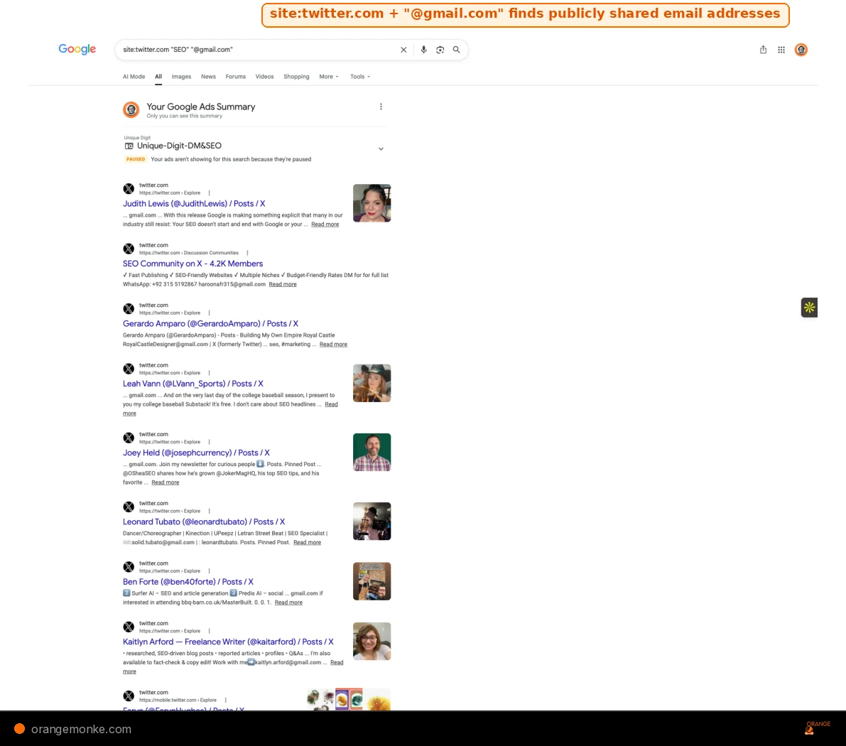 Google SERP showing site:twitter.com SEO @gmail.com returning Twitter profiles of SEO professionals with their email addresses visible