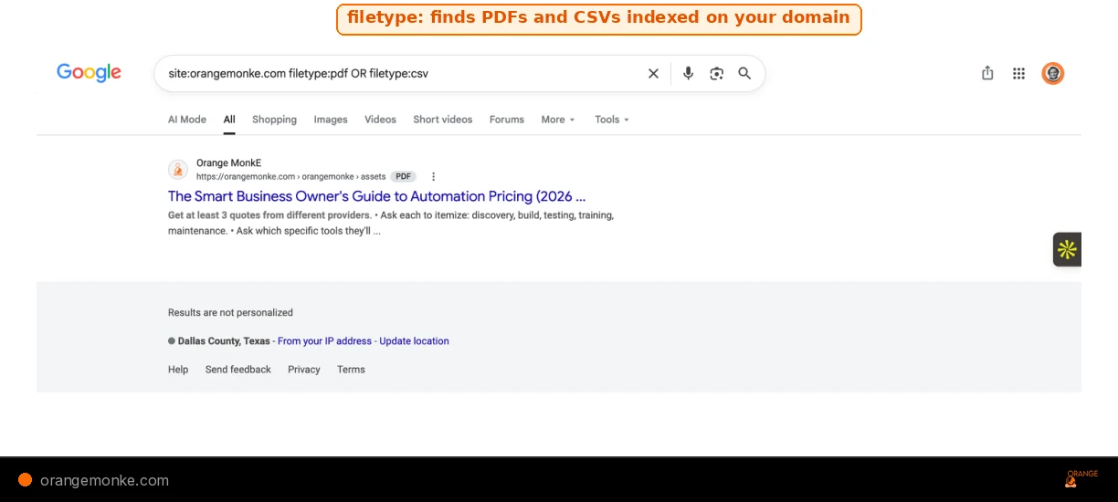 Google SERP showing site:orangemonke.com filetype:pdf OR filetype:csv revealing one indexed PDF on the domain