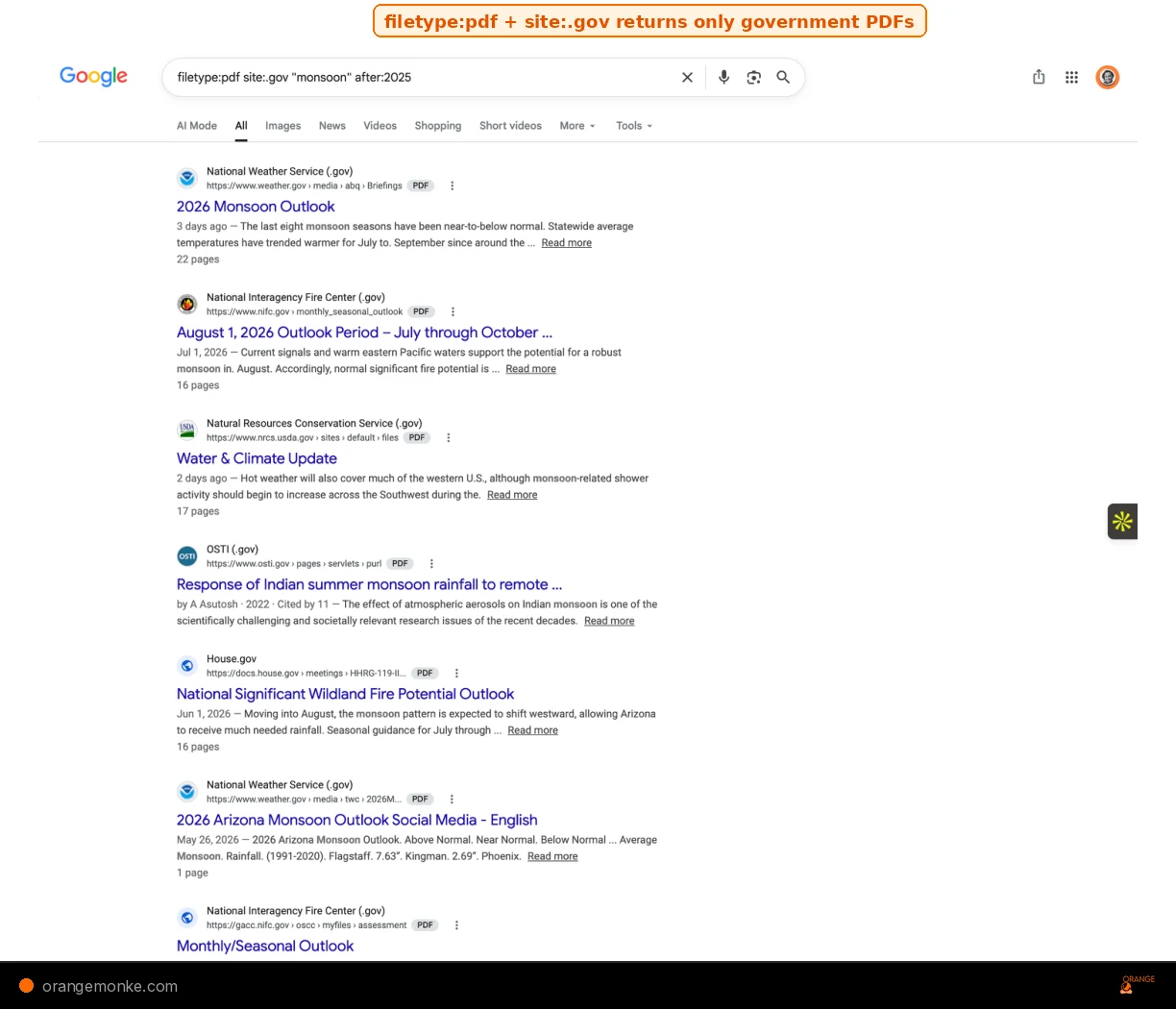 Google SERP showing filetype:pdf operator finding government research PDFs