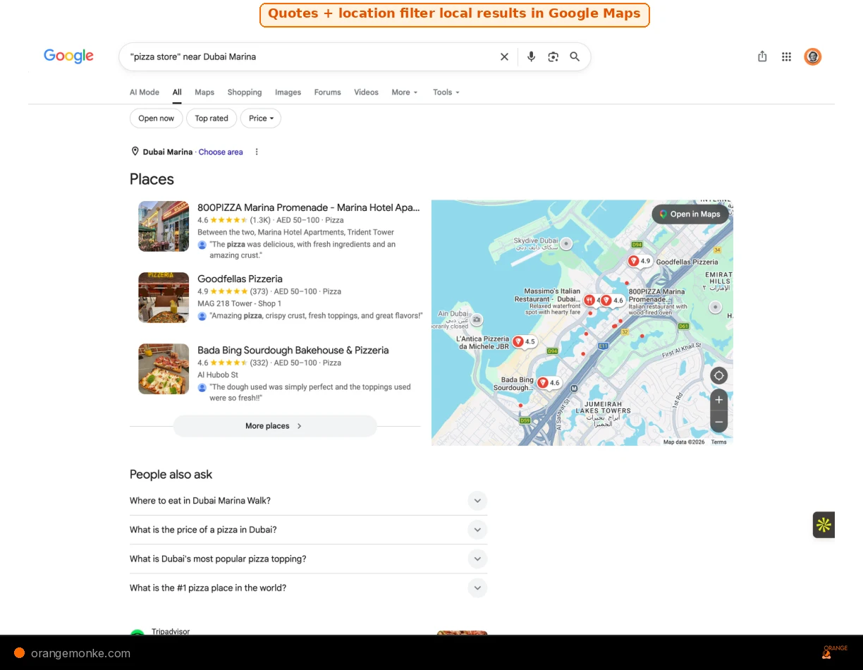 Google search results showing pizza store near Dubai Marina with local pack, map, and People Also Ask results