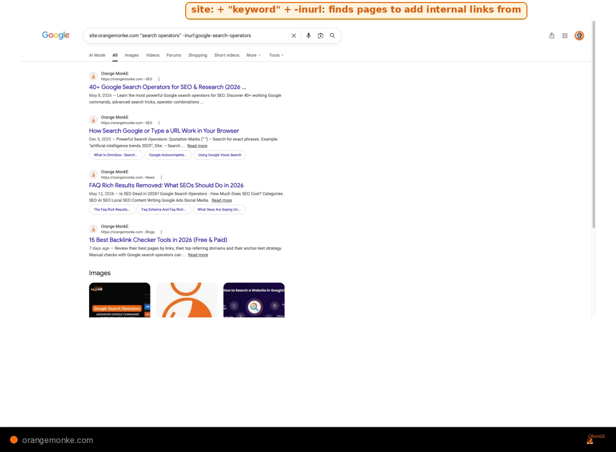 Google SERP showing site:orangemonke.com search operators revealing internal link opportunities