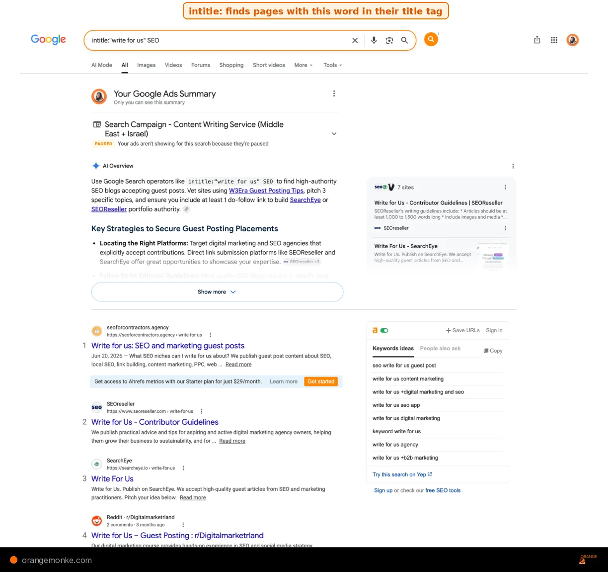 Google SERP showing intitle:write for us operator finding guest post opportunities