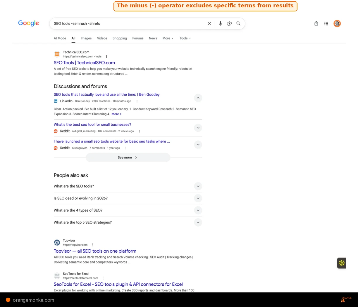 Google SERP showing SEO tools -semrush -ahrefs query excluding Semrush and Ahrefs from results