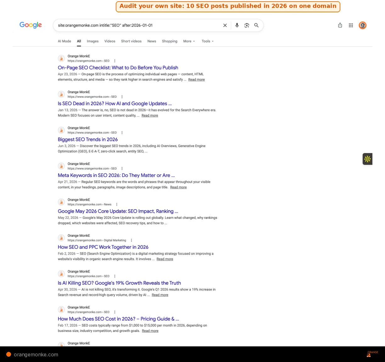 Google SERP showing site:orangemonke.com intitle:SEO after:2026-01-01 revealing 10 SEO blog posts published in 2026