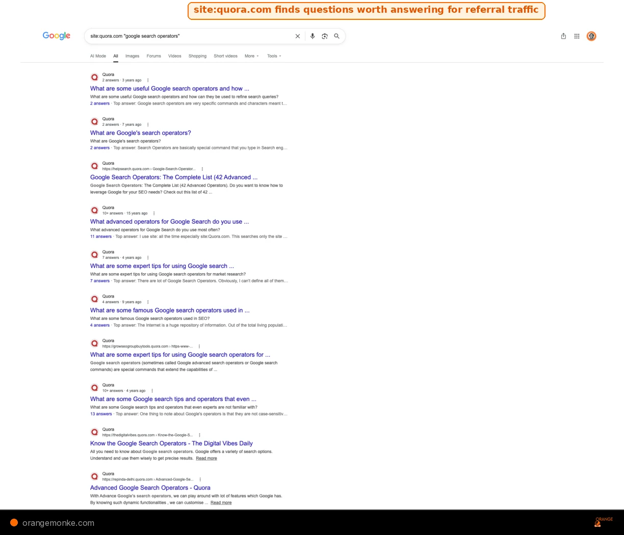 Google SERP showing site:quora.com google search operators revealing 10 Quora questions about search operators