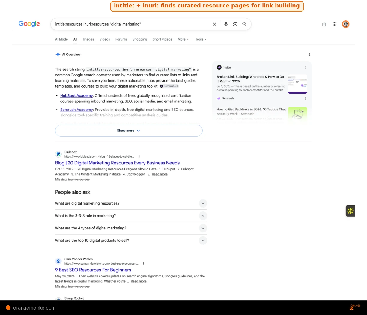Google SERP showing intitle:resources inurl:resources digital marketing query with AI Overview and resource page results