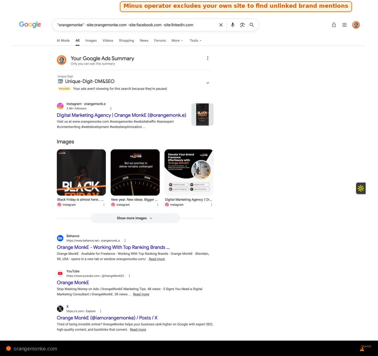 Google SERP showing orangemonke brand mentions across Behance, YouTube, X, Instagram, and Startupbase after excluding own site