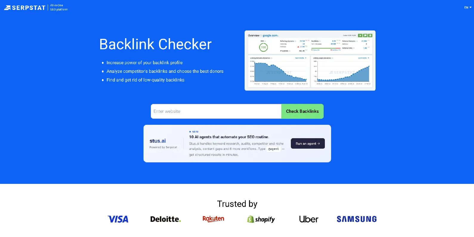 Serpstat Backlink Checker page with backlink profile dashboard