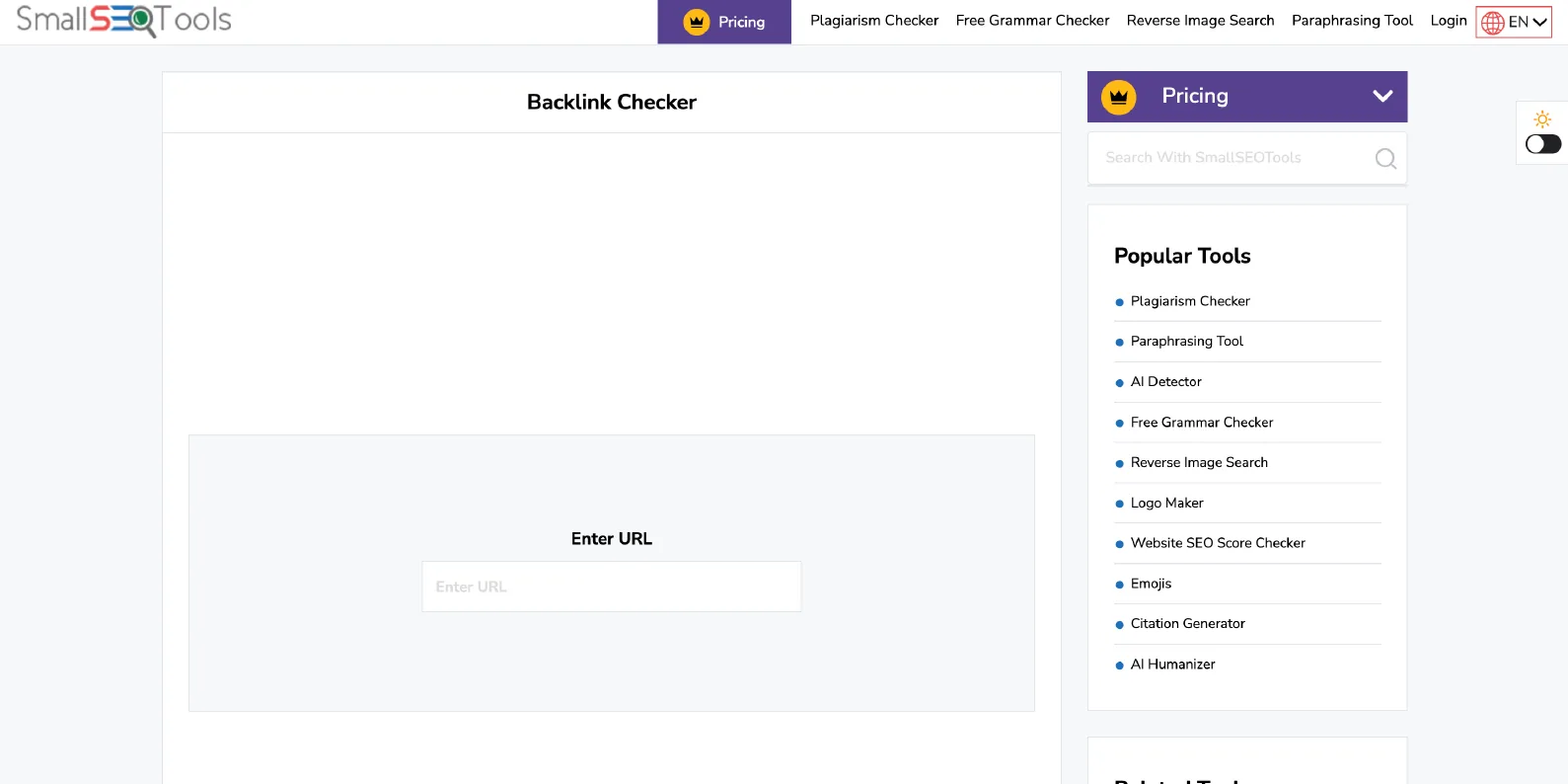 Small SEO Tools Backlink Checker page