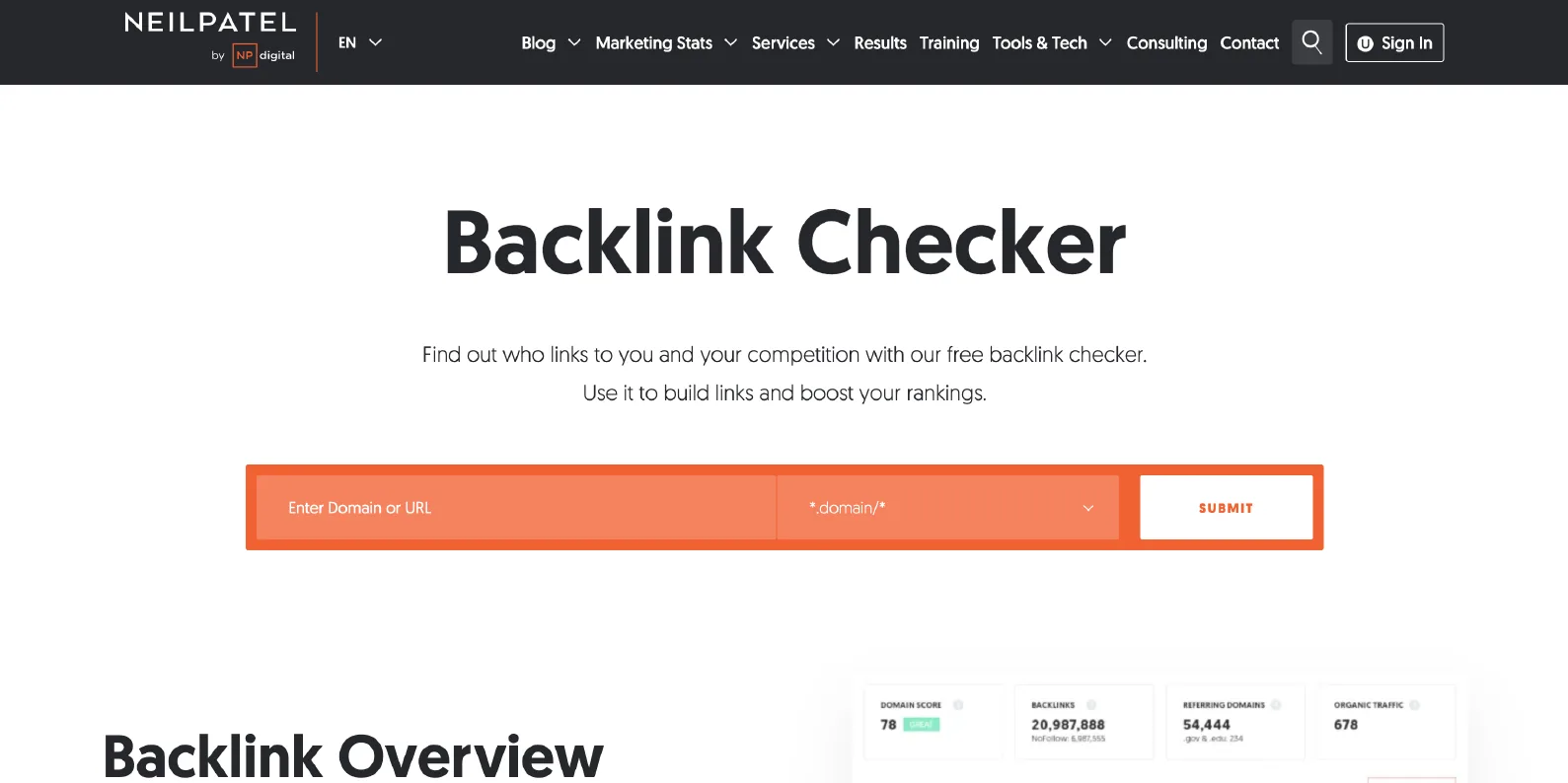 Neil Patel Backlink Checker page, part of the Ubersuggest toolset