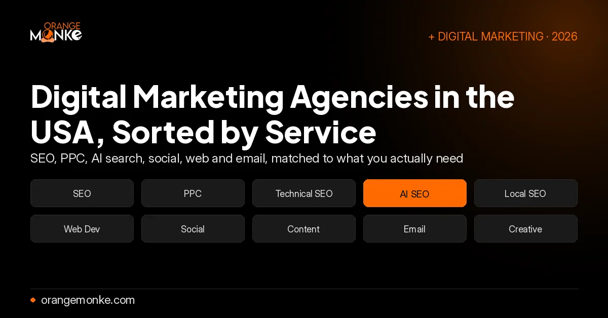 Digital marketing agencies in the USA sorted by service: SEO, PPC, AI SEO, social, web and email