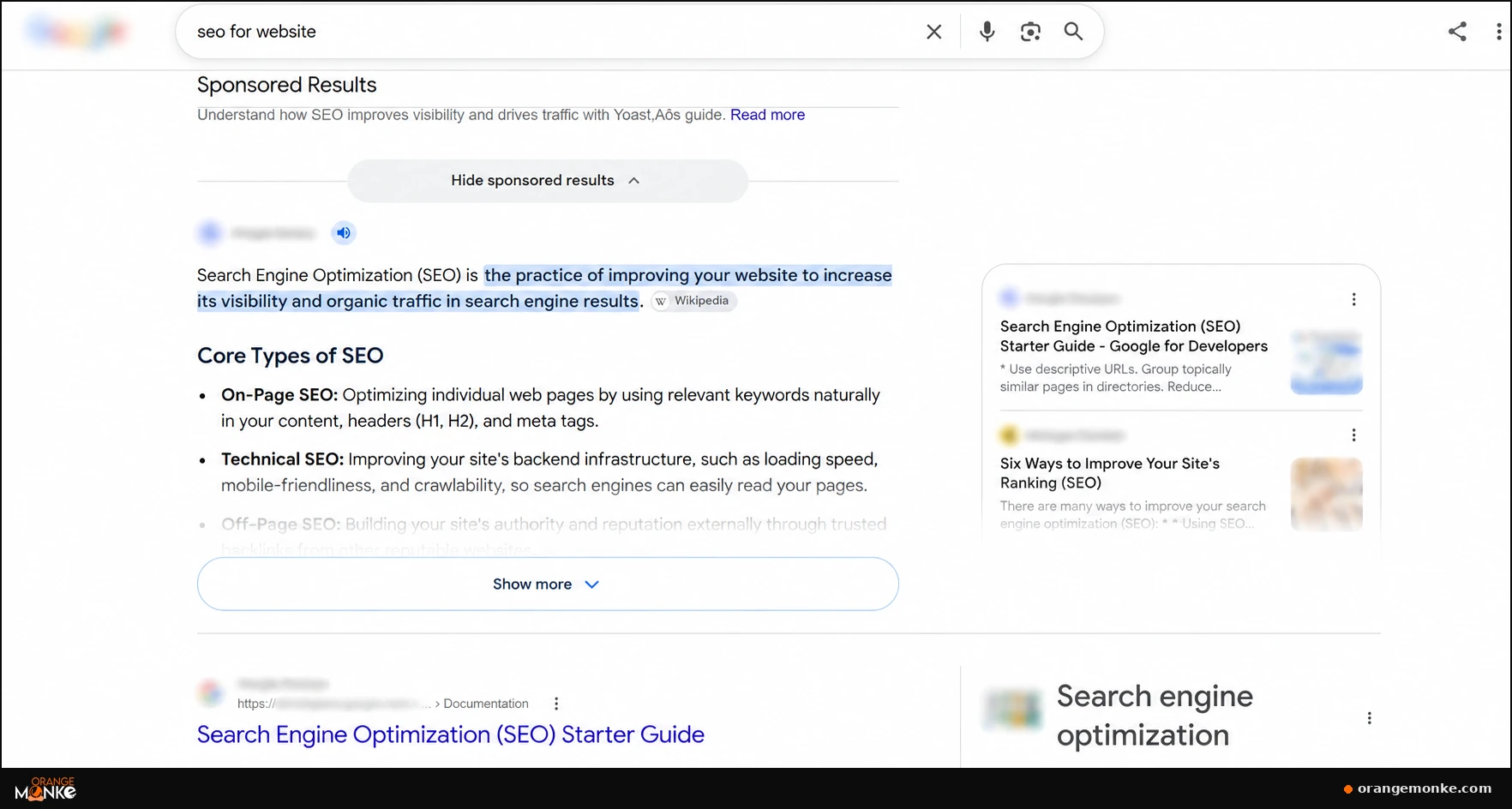 Google search results for seo for website showing sponsored results and a full AI Overview answering the query, pushing the first organic result far down the page